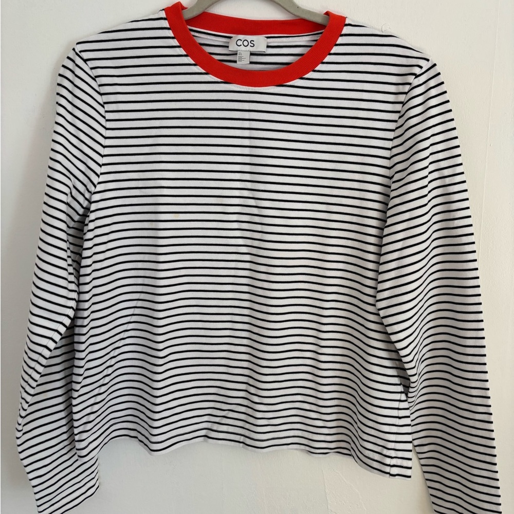 COS Black and White Striped Tee with Red Trim